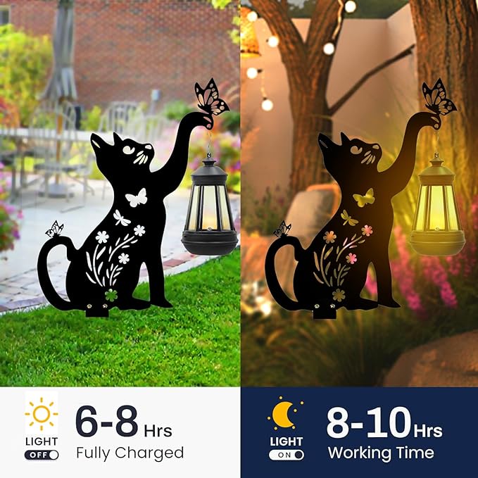 Black Cat Garden Decorations Outdoor - Solar Lights Outdoor Garden Decor Stake with Butterfly Decorative Metal Housewarming Ornament for Yard Lawn Patio – Unique Gift Ideas for Mom Woman Grandma