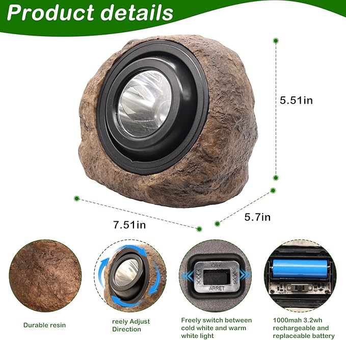 Solar Rock Lights Outdoor,4 Pack IP65 Waterproof LED Solar Brown Garden Stone Spotlights,Warm White & Cool White | Lumora