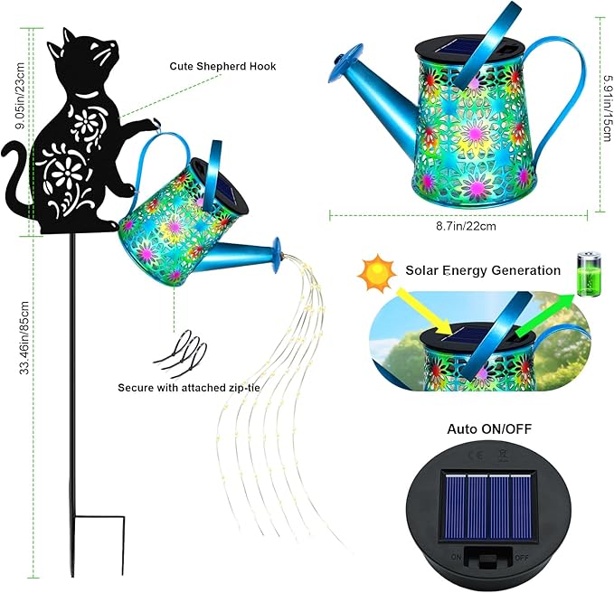 Black Cat Solar Watering Can Lights, Birthday Gifts for Women Mom Christmas, Yard Decorations Outdoor Waterproof | Lumora