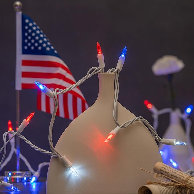 YULETIME 200 Red, White & Blue Christmas Lights, Pack of 2 Sets 33 Feet 100 Count Incandescent-Like LED Mini String Lights (Red, White & Blue - White Wire)