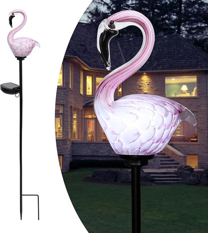 Afirst Solar Outdoor Lights Decorative - Solar Garden Stake Lights Flamingo Handblown Glass Stake Garden Pathway Light Outdoor Waterproof Glass Stakes for Pathway Yard Lawn Decoration