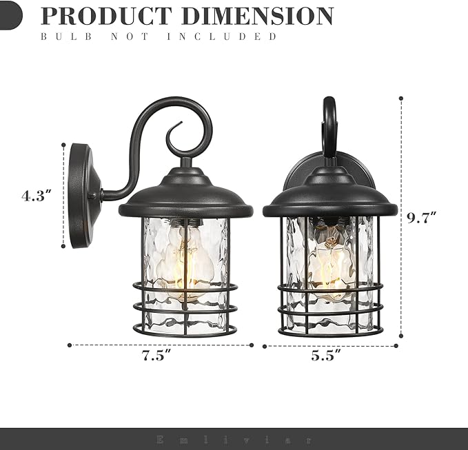 Emliviar 2 Pack Outdoor Wall Lighting Fixtures, 10" Exterior Carriage Lights with Water Ripple Glass, Die-Cast Aluminum in Black Finish, OS-1803CW1-WG