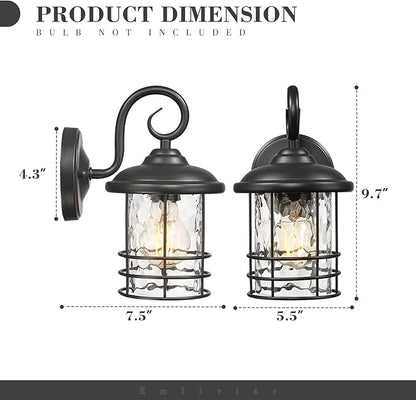 Emliviar 2 Pack Outdoor Wall Lighting Fixtures, 10" Exterior Carriage Lights with Water Ripple Glass, Die-Cast Aluminum in Black Finish, OS-1803CW1-WG