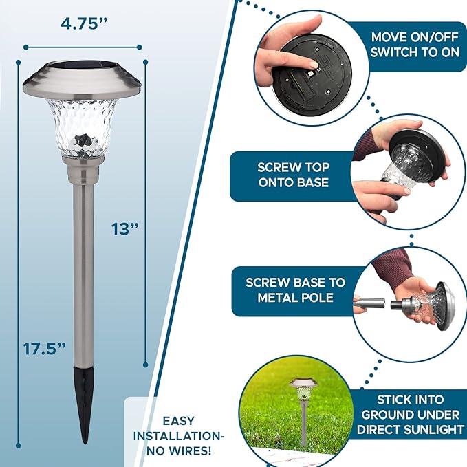 Morvat LED Solar Powered Outdoor Landscape Path Lights with Stainless Steel & Glass Lens, Up to 8 Hours Lighting for Garden Lawn Yard Walkway & Pathway, Waterproof, Dusk to Dawn, White Light, 8 Pack