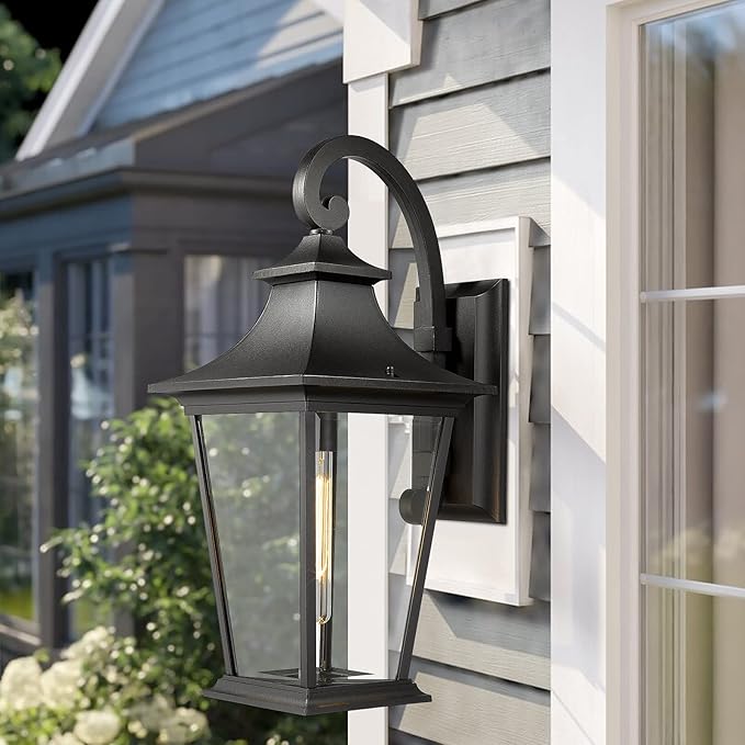 Emliviar Large Outdoor Wall Light, 25" Modern Front Porch Light for House, Clear Glass in Black Finish, XE220B BK | Lumora