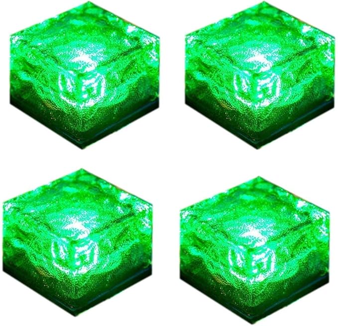 4 Pack Solar Path Ice Cube Lights Outdoor, Waterproof Glass LED Glass Clear Brick in-Groud Buried Festive Light Night Lamp for Garden Courtyard Pathway Patio Pool Pond Decoration(Green)