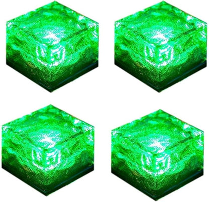 4 Pack Solar Path Ice Cube Lights Outdoor, Waterproof Glass LED Glass Clear Brick in-Groud Buried Festive Light Night Lamp for Garden Courtyard Pathway Patio Pool Pond Decoration(Green)