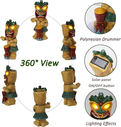 Solar Tiki Garden Statue with LED Eyes Outdoor Polynesian Drummer Hawaiian Party Decor Solar Light Ornament for Patio Porch Lawn or Tiki Lover Best Gifts for Tiki Lovers