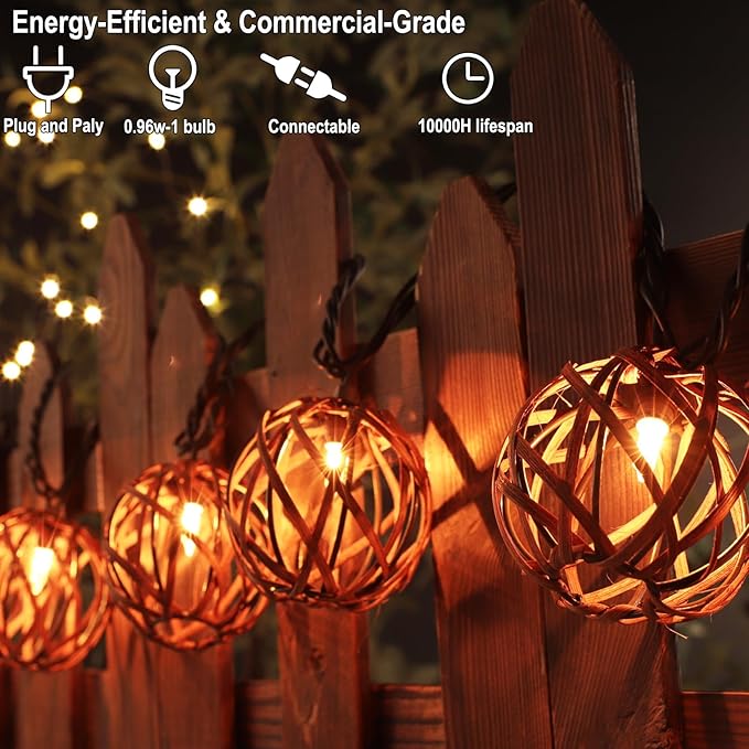 Outdoor Patio String Lights Plug in with 10 Incandescent Bulbs, Handwoven Natural Rattan Boho Decorative Lantern String Lights Connectable Weatherproof for Pergola, Porch, Mantel, Indoor Decor