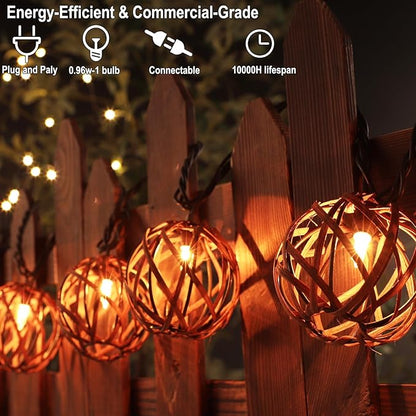 Outdoor Patio String Lights Plug in with 10 Incandescent Bulbs, Handwoven Natural Rattan Boho Decorative Lantern String Lights Connectable Weatherproof for Pergola, Porch, Mantel, Indoor Decor