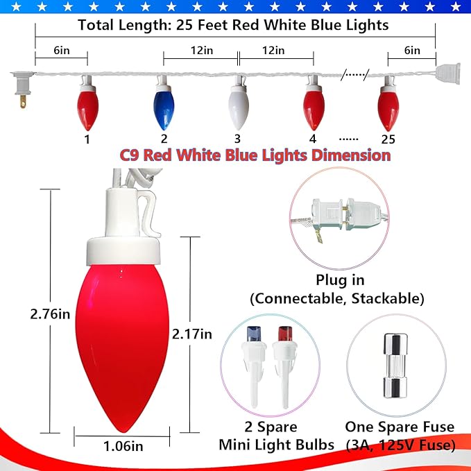 Red White and Blue Lights C9 25Ft 4th of July Decorations with 25 LED Patriotic String Lights, Plug-in Christmas Light for Home Presidents Day Memorial Day Fourth July Christmas Decor