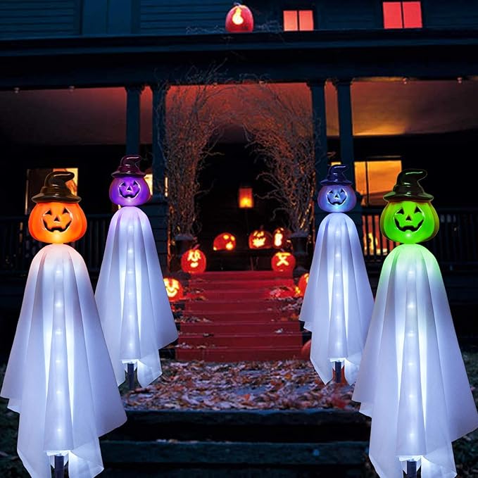 Homeleo Set of 4 Solar Pumpkin Ghost Lights for Halloween Decorations Outdoor, Light up Floating Scary Ghosts Pumpkins Witch Hat Stake Lights for Porch Yard Outside Pathway Halloween Party Decor