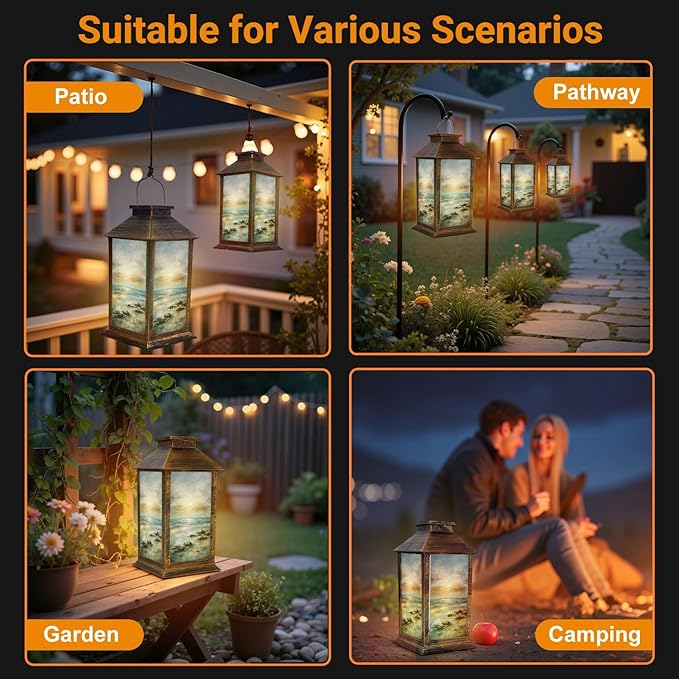 Solar Lantern Outdoor Waterproof Abstract Light Blue Coastal Theme Modern Ocean Skyline Sunset Sunrise Garden Decor LED Solar Lights Hanging/Tabletop Lamp Gifts for Women Mom for Outside Yard Patio