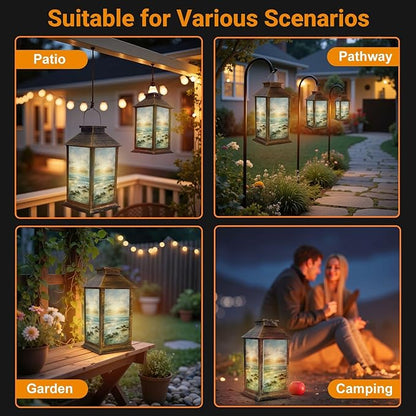 Solar Lantern Outdoor Waterproof Abstract Light Blue Coastal Theme Modern Ocean Skyline Sunset Sunrise Garden Decor LED Solar Lights Hanging/Tabletop Lamp Gifts for Women Mom for Outside Yard Patio