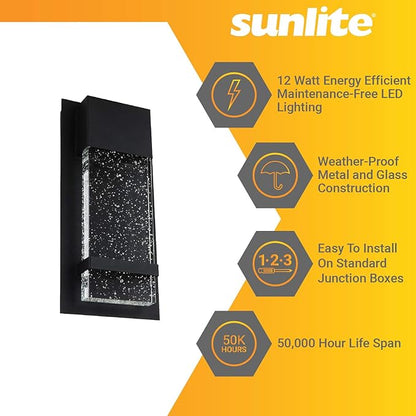 Sunlite LED Wall Sconce, Black Metal Frame with Raindrop Effect Glass Panel, 6.5" Wide, 3000K Warm White, Indoor & Outdoor, ADA Compliant