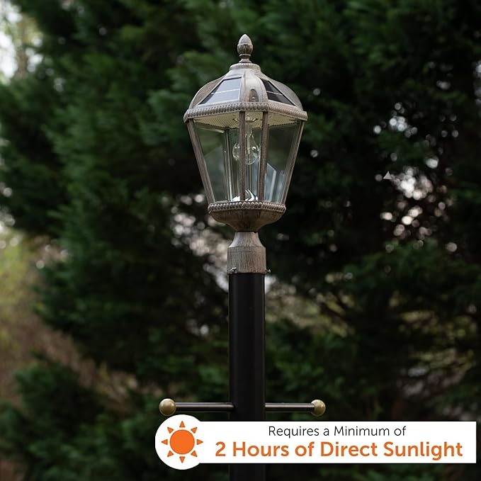 Gama Sonic Outdoor Solar Lamp Post Light, Weathered Bronze Finish Aluminum, Royal Bulb, Beveled Glass, 3-inch | Lumora