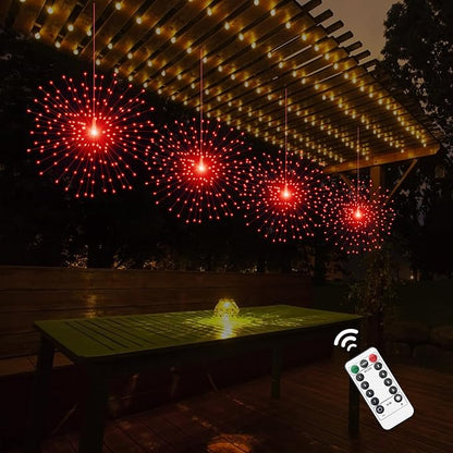 2 Pack Starburst Sphere Lights,200 LLED Firework Lights, 8 Modes Dimmable Remote Control Waterproof Hanging Fairy Light, Copper Wire Light for Patio Parties Christmas (Red)