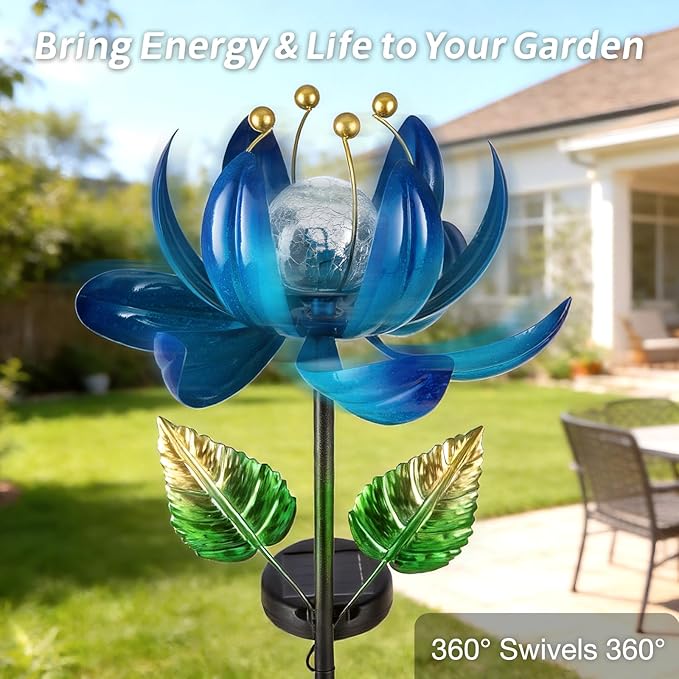 Solar Garden Lights Metal Flower Decor, Colorful Lotus Pathway Spinning Windmill with LED Cracked Crystal Ball Outdoor Decorative Stake Lighting Waterproof Flower Sculpture for Patio Yard