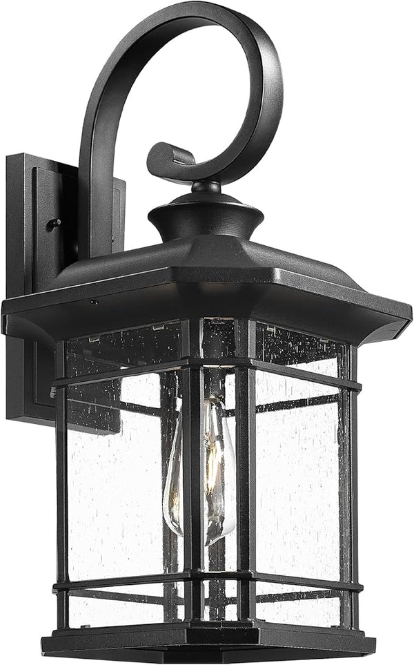 Emliviar Outdoor Wall Lantern Fixture with E26 Base, Large 21.9 Inch Exterior Wall Light with Seeded Glass, Black | Lumora