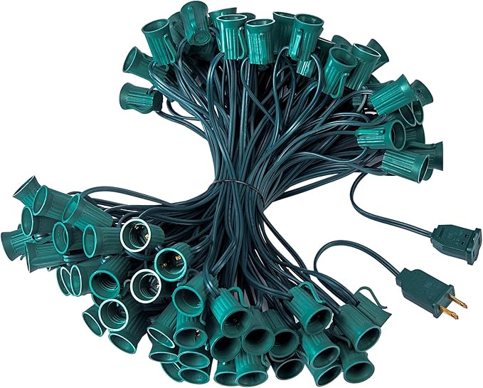 Minetom C9 Light Strand, 100 FT Christmas Stringer with 100 Sockets for Outdoor String Light, Connectable, Intermediate Base (C9/E17) - 12" Spacing, Green Wire, Note (Only Use for C9 LED Bulb)