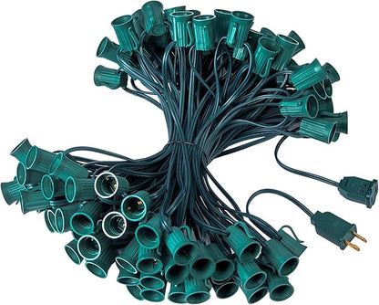 Minetom C9 Light Strand, 100 FT Christmas Stringer with 100 Sockets for Outdoor String Light, Connectable, Intermediate Base (C9/E17) - 12" Spacing, Green Wire, Note (Only Use for C9 LED Bulb)