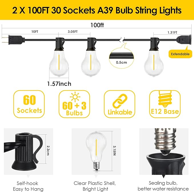200FT(2x100FT) Outdoor String Lights, LED Patio Lights with 63 Waterproof Shatterproof A39 Dimmable Bulbs(3 Spare) | Lumora