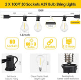 200FT(2x100FT) Outdoor String Lights, LED Patio Lights with 63 Waterproof Shatterproof A39 Dimmable Bulbs(3 Spare) | Lumora