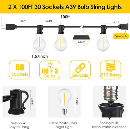 200FT(2x100FT) Outdoor String Lights, LED Patio Lights with 63 Waterproof Shatterproof A39 Dimmable Bulbs(3 Spare) for Balcony-2 Pack Black