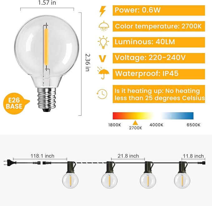 Outdoor String Lights 100FT,G40 50+2 Bulbs String Lights for Outside - 2700K Warm White, 25000H Long Life, IP45 Waterproof & Shatterproof, Mains Powered Garden Lights for Gazebo/Patio