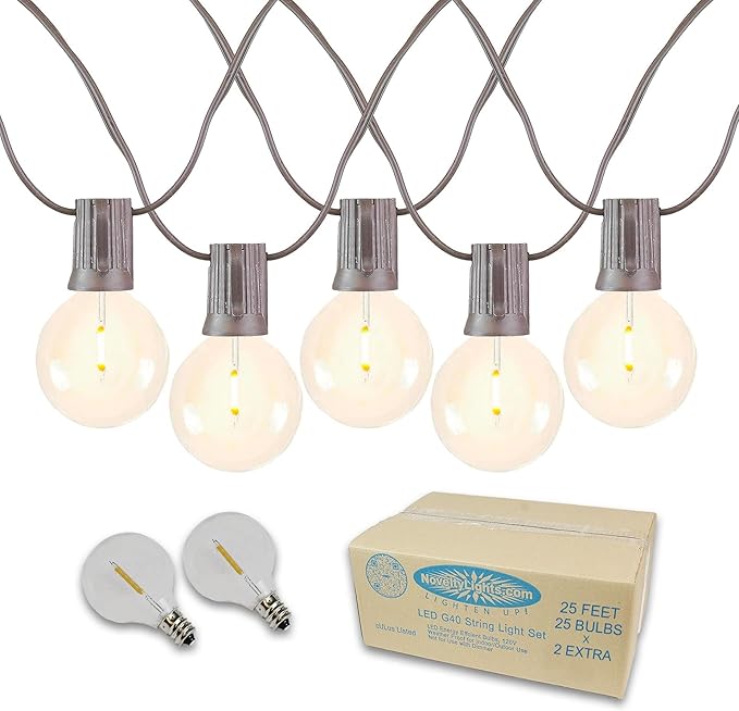 Novelty Lights 25 Feet G40 LED Patio String Light Set with 25 Bulbs, Warm White, Weather Resistant and Shatterproof Replaceable Plastic Globe Bulbs, Brown Wire