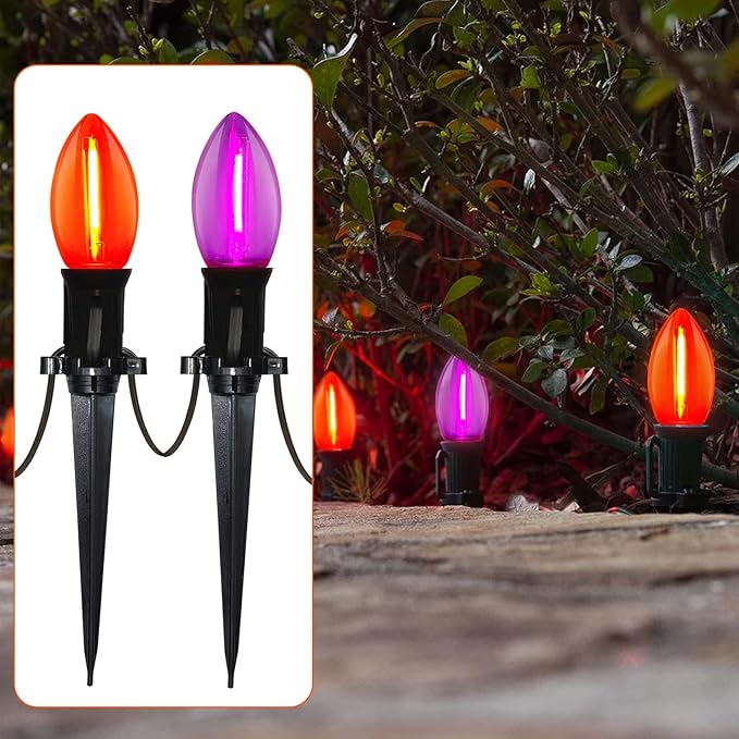 SUNSGNE Halloween Pathway Lights, 19.5Ft Halloween Stake Lights with 10 Count C9 LED Orange and Purple Bulbs for Lawn Yard Sidewalk Garden Decoration