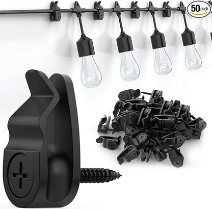 Outdoor String Lights Clips, Weatherproof Cable Hanger Hooks for Hanging Fairy Lights, Holiday Decor - Black, 50 Pack