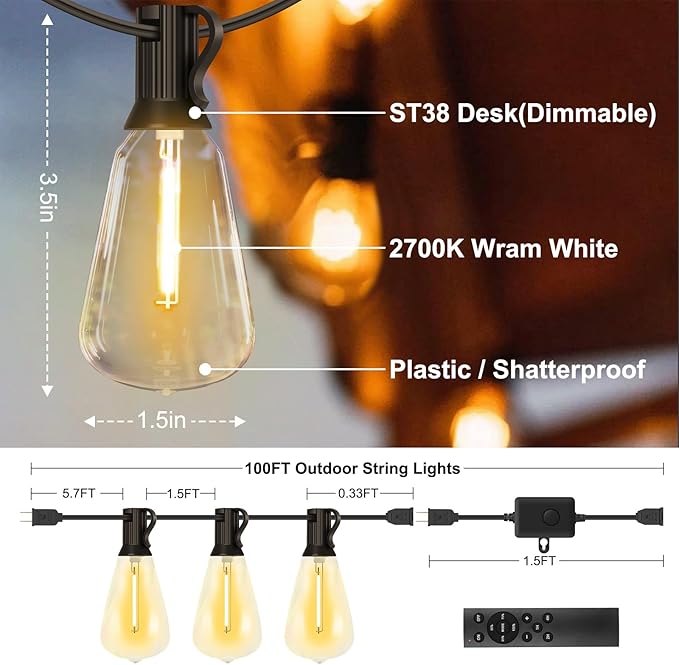 100FT Outdoor String Lights - 64+4 Bulbs(𝟏.𝟓𝐅𝐓 𝐁𝐮𝐥𝐛𝐬 𝐒𝐩𝐚𝐜𝐢𝐧𝐠) | Remote & Dimmer, 3 Light Modes & Timing, IP65 | Lumora