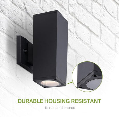 ASD 2 Light Square Outdoor Wall Light Fixture | 120W E26 Bulb Socket 120V ETL Cylinder Up Down Lights | LED/CFL/Incandescent Exterior Bulb Wall Sconce | Front Door, Porch, Patio | Black, 2 Pack