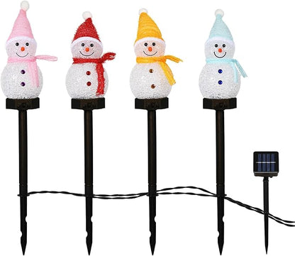 Lewondr Snowman Christmas Decorations Lights, 4PCS Solar Lighted Snowman with Garden Stakes, Waterproof Garden Lawn Pathway with 8 Lighting Modes, Solar Christmas Lights Decor for Yard Outdoor