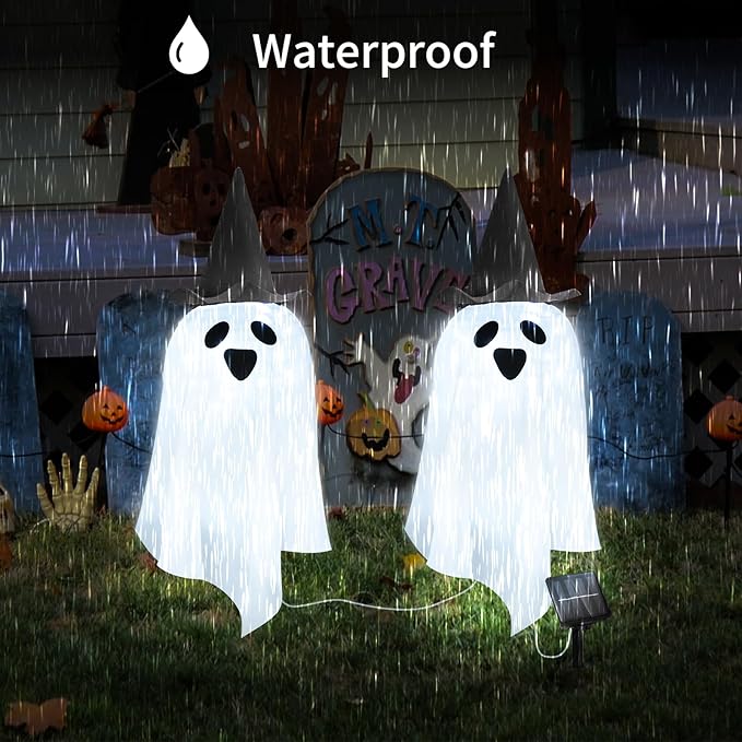 Solar Halloween Ghost LED Lights Outdoor, Set of 2 Big Ghost with Hat Stake Lights 2 Modes for Outdoor Halloween Pathway Yard Garden Decoration (Cool White-Ghost, 2 Pack)