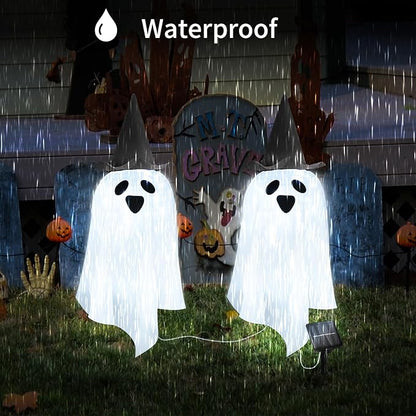 Solar Halloween Ghost LED Lights Outdoor, Set of 2 Big Ghost with Hat Stake Lights 2 Modes for Outdoor Halloween Pathway Yard Garden Decoration (Cool White-Ghost, 2 Pack)