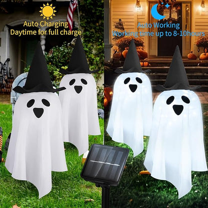 Solar Halloween Ghost LED Lights Outdoor, Set of 2 Big Ghost with Hat Stake Lights 2 Modes for Outdoor Halloween Pathway Yard Garden Decoration (Cool White-Ghost, 2 Pack)