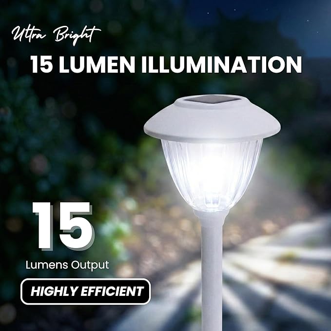 Energizer Solar LED Lights Outdoor - 8 Pack 15 Lumen Patio Lights Solar Powered & Waterproof with Patterned Glass & Metal Finish, Easy Installation Landscaping Lights for Lawn Decoration - White