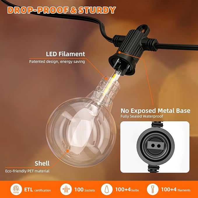 Kawaya 200FT Outdoor String Lights - LED Waterproof Patio Light for Outside with 100+4 G40 Globe Blubs | Lumora