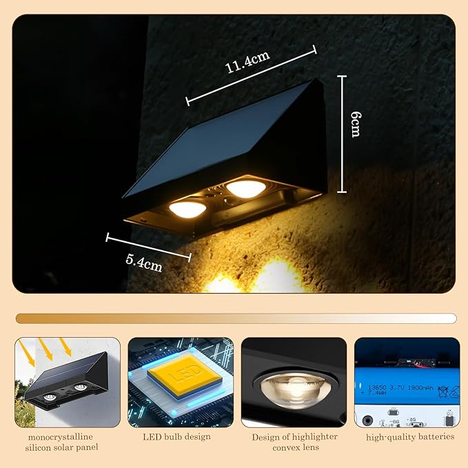 Solar Wall Lights-4 Pack,IP65 Waterproof Outdoor,40 Lumens Brighter Double LED, Auto On/Off, Warm White for Fence, Patio, Steps, Backyard