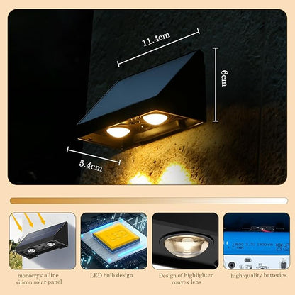 Solar Wall Lights-4 Pack,IP65 Waterproof Outdoor,40 Lumens Brighter Double LED, Auto On/Off, Warm White for Fence, Patio, Steps, Backyard