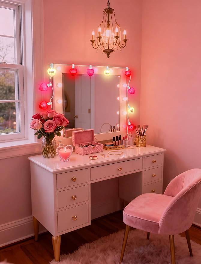 10.5ft Connectable Valentine's Day Lights - Tricolor Red, Pink & White Candy Hearts with Text - Plug-In Waterproof | Lumora