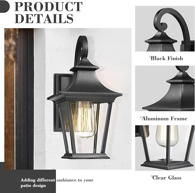 Emliviar Outdoor Wall Lights 2 Pack - Exterior Porch Lights Wall Mount in Black Finish with Clear Glass, XE219B-2PK | Lumora