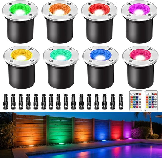 8Pack RGB Low Voltage Landscape Lighting 3W LED 12V Outdoor Inground Lights Waterproof Well Lights with Connectors Color Changing Pahtway Light for Garden Yard Patio(RGB+W)