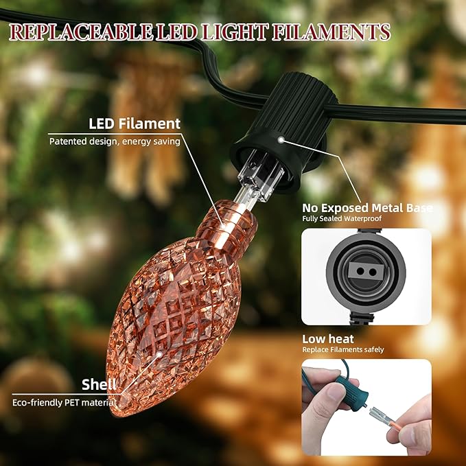 Kawaya Outdoor Christmas String Lights: C9 LED faceted Tree Lights, 50FT 50 Bulbs Multi Colored Indoor Decorations Lights, IP65 Commercial Waterproof Xmas Lights for Outside Roof House Walkway Pathway
