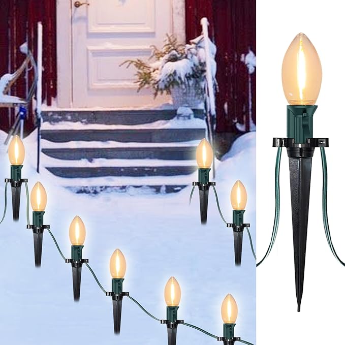 SUNSGNE C9 LED Christmas Pathway Lights Outdoor 38 Feet Sidewalk String Lights with Marker Stakes, 25 LED Clear Connectable Christmas Walkway Markers Lights for Outside Porch Garden Yard Lawn Decor