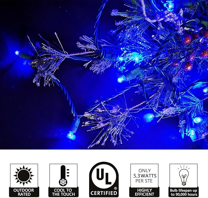 Christmas String Lights 50 Blue LED 5mm Mini LED String Lights, 120V UL, 17ft Green Wire Xmas Lights for Indoor & Outdoor Use, Holiday Party Decorations,Trees, Light Displays