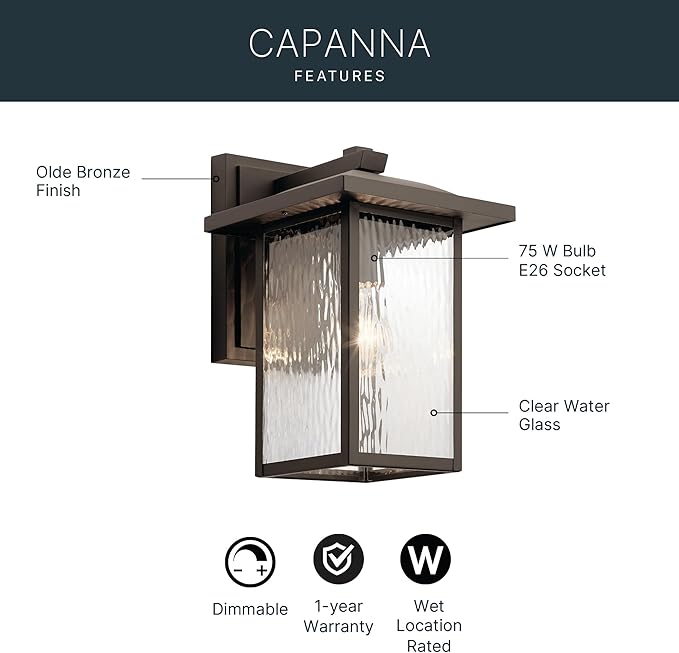 Kichler Capanna 13.25" Outdoor Wall Light in Olde Bronze®, 1-Light Exterior Wall Sconce Porch Light with Clear Water Glass, (13.25" H x 8.5" W), 49925OZ