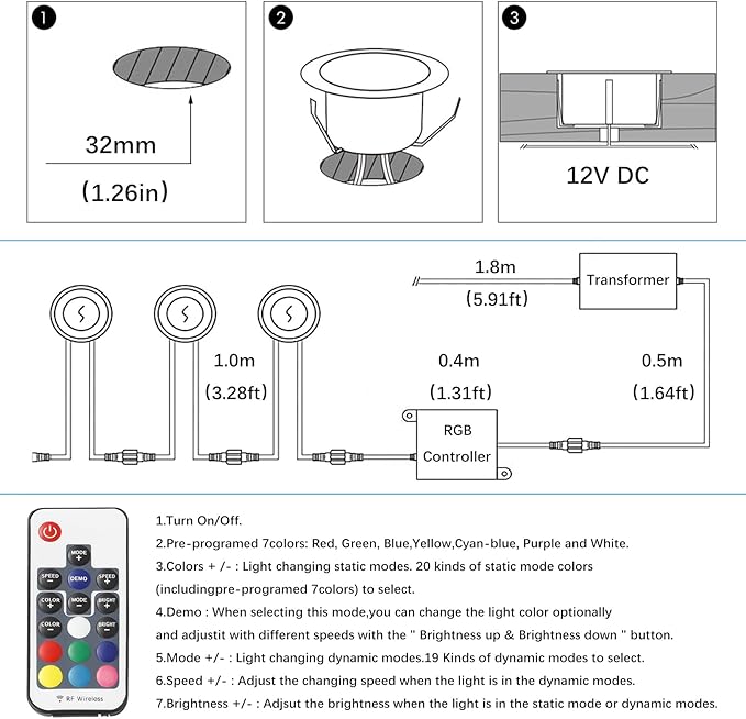 LED Outdoor Deck Lights with Photocell, Φ1.77in RGB 10 Pack Black, Low Voltage 12V IP67 Waterproof, Multi Color Changing Remote Dimmable, Electric Wired Recessed Stair Step Landscape Lighting
